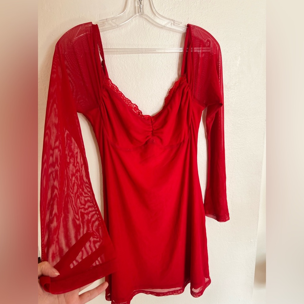 Princess Polly Red Sheer Long Sleeve Dress